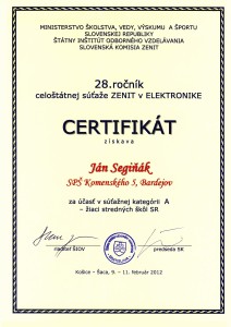 Certifikát Segiňák 2012