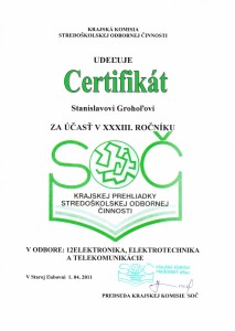 Certifikát SOŠ Stanislav Grohoľ kraj 2011
